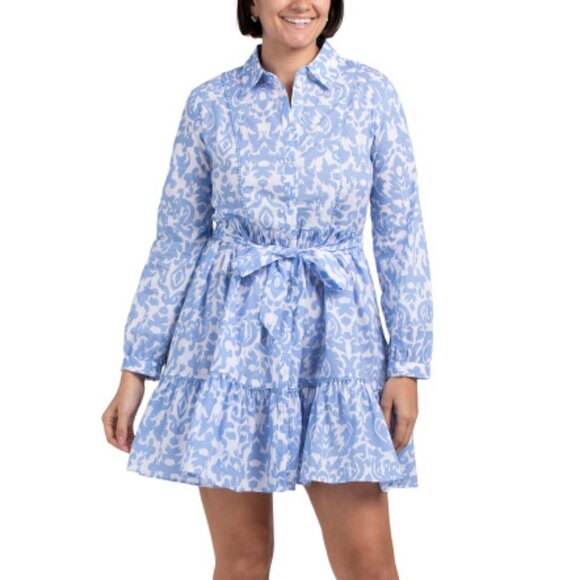 Ellen Tracy Dresses & Skirts - Printed Button Front Ruffle Hem Mini Dress With Waist Tie